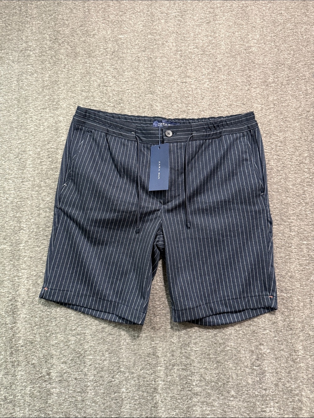Zara Man Mens Navy Blue Pinstripe Drawstring Shorts Size L Summer Casual NWT